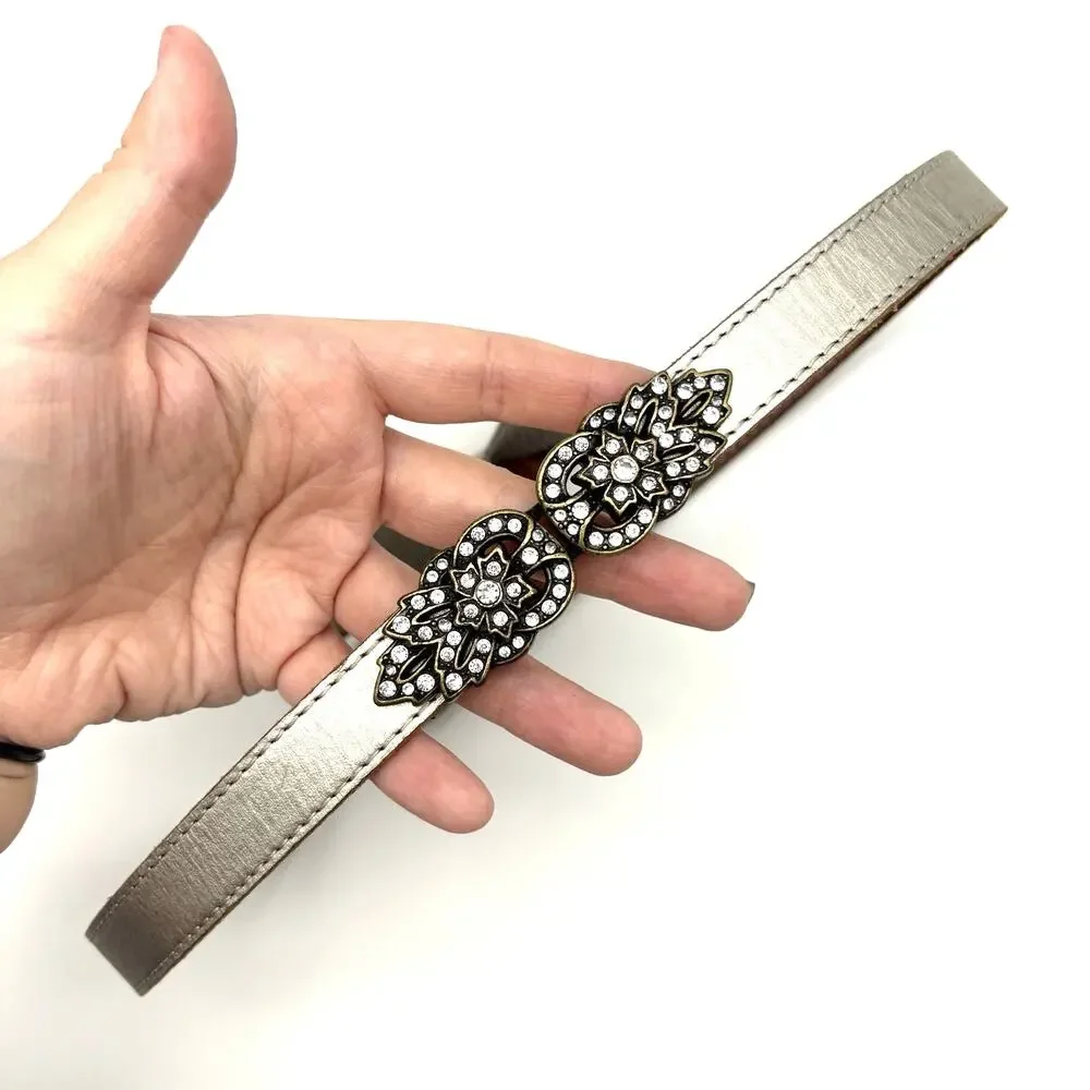 Y2K Fossil Silver Leather Brass Rhinestone Buckle Stretch Waist Belt L 36-38